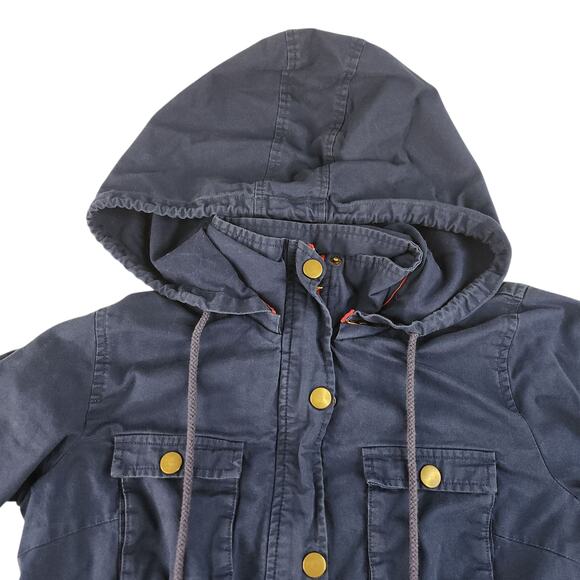 Navy Blue Cargo Jacket Womens Medium Gold Red Hooded Full Zip Utility Chore - Picture 6 of 16